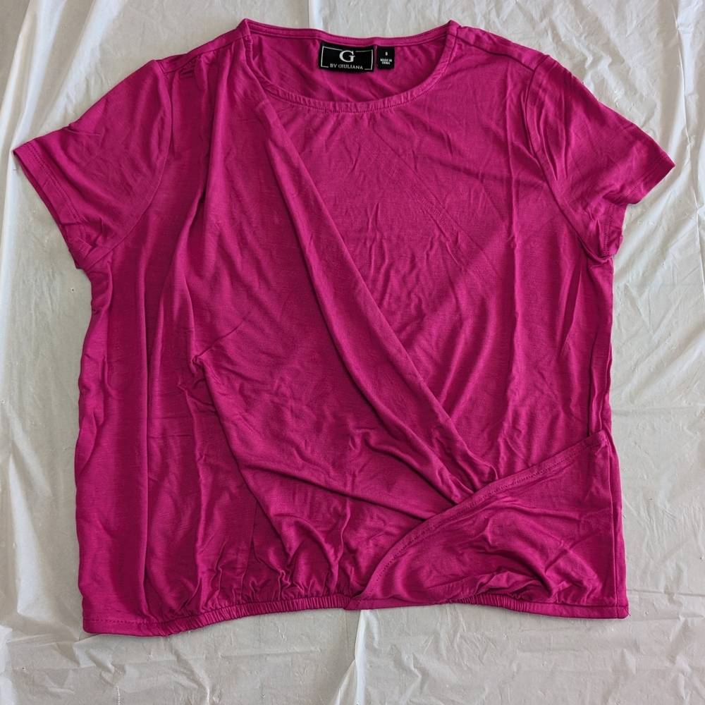 G by Giuliana Women's Dark Pink Twist-Hem Short Sleeve Soft Top Sz Small New